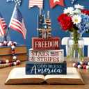 CroBlissful 4 Pcs 4th of July Decorations Patriotic Memorial Day Tabletop Decorations Red White Blue Table Centerpieces Sign for Office Tiered Tray Home Shelf 250th Anniversary(Freedom)