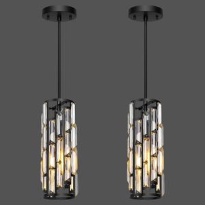 Black Pendant Lights Kitchen Island 2 Pack, Mini Crystal Chandeliers with Adjustable Height, Modern Pendant Lights Ceiling Lighting Fixtures for Kitchen Island, Dinning Room, Bedroom