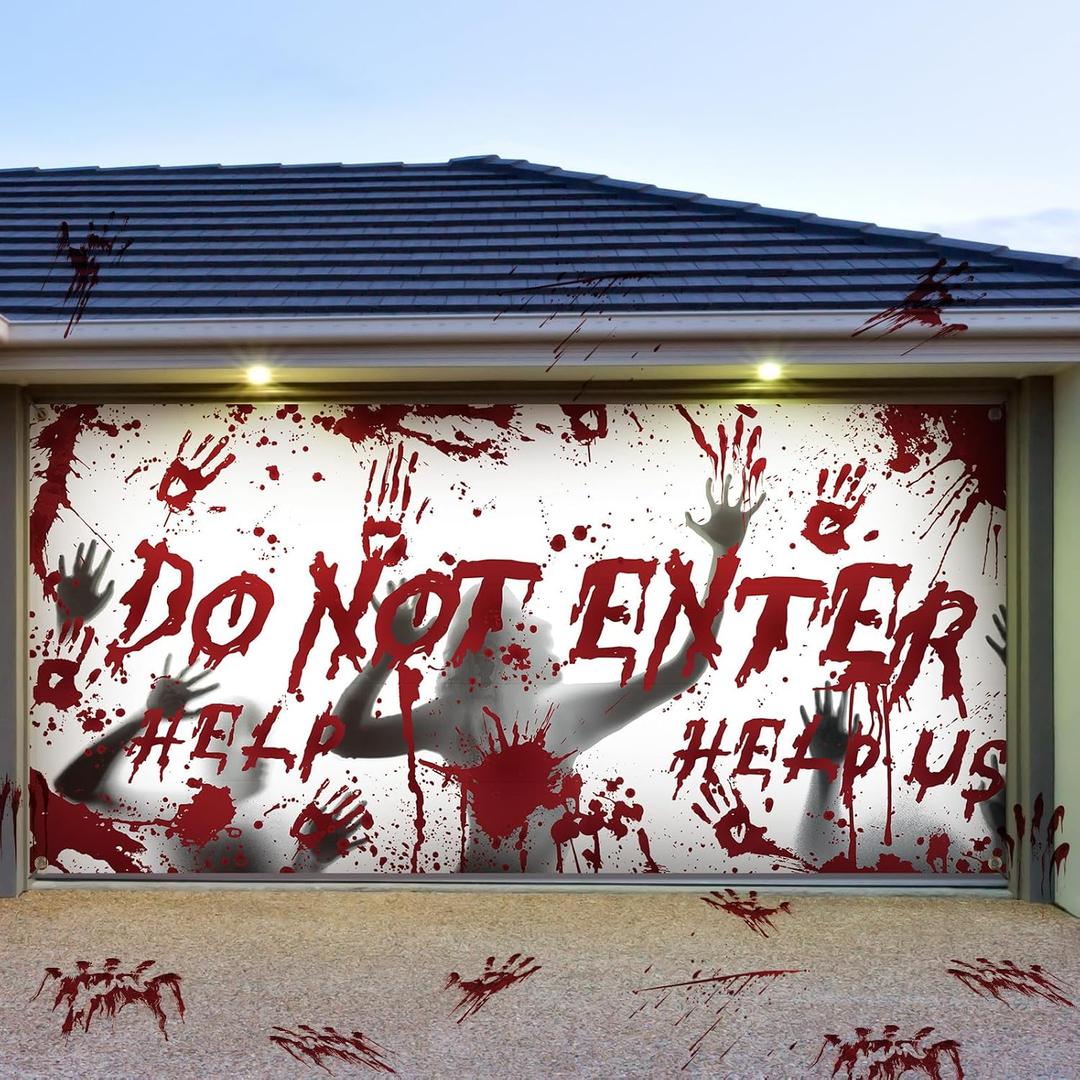 Ganeen 7x16 ft Halloween Garage Door Cover Halloween Garage Door Decoration Do Not Enter Banner Background for Horror Party Decorations, Assembly Needed