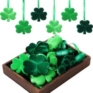 Gerrii 24 Pack St Patrick's Day Shamrock Ornaments for Tree 2.56 Inch Velvet Clover Decorations Lucky Green Irish Trefoil Hanging Bauble for Saint Patricks Day Table Shelf Decor