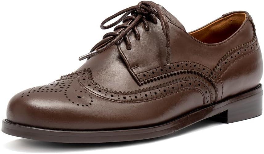 ONEENO Women's Dress Brogue Lace-up Leather Oxford (8.5, Brown)