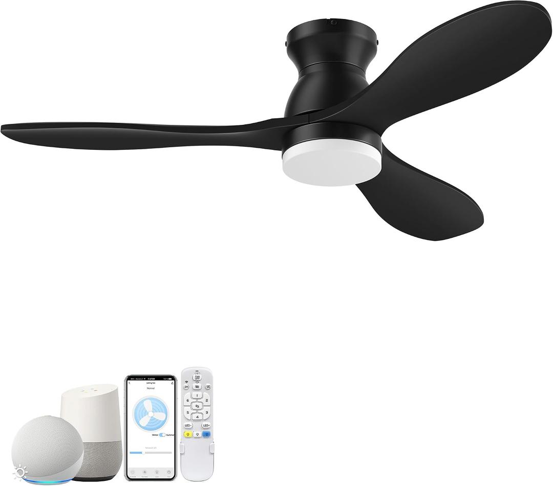 42" Wood Ceiling Fans with Lights, Smart Control by Remote Alexa APP,Quiet DC Motor,Modern Flush Mount Hugger Ceiling Fan for Low Profile Bedroom,Patio,Outdoor Indoor,Matte Black,Dim,6 Speed,3 Blade