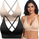 PRETTYWELL Womens Deep V Neck Bras for Women Push up Bralettes Seamless Sexy Sports Bra Wireless Spaghetti Strap Padded Bra (Medium, Black&nude)