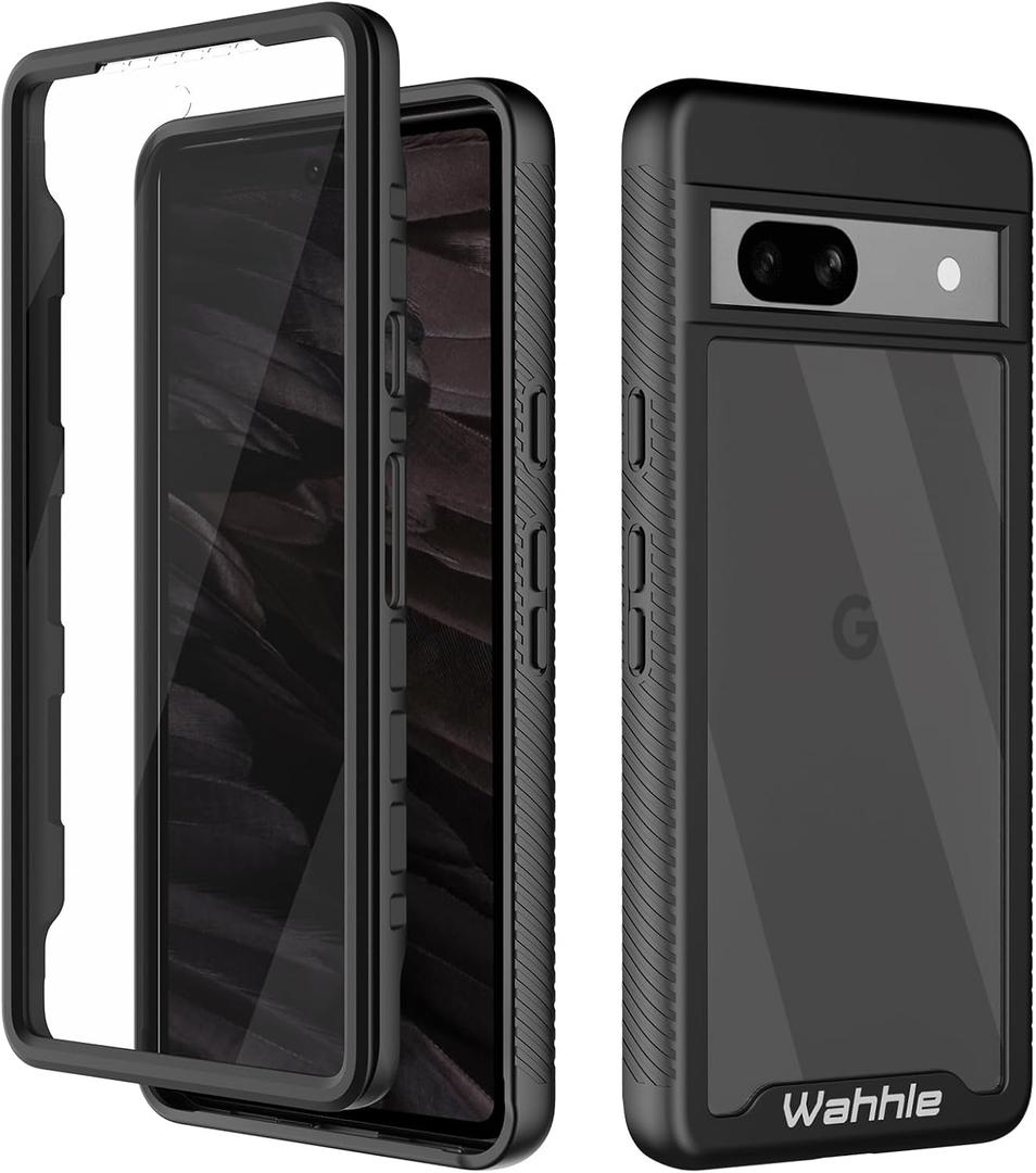wahhle Compatible with Google Pixel 7A Case, Built in Screen Protector Full Body Shockproof Slim Fit Bumper Protective Phone Cover Men Women-Black/Clear
