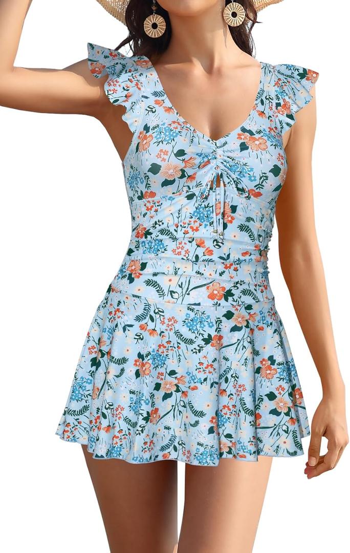 SHEKINI Women's Cutout One Piece Swimsuit Swimdress Ruffle Ruched Tummy Control Elegant Bathing Suits (Large, Light Blue Tiny Flower)
