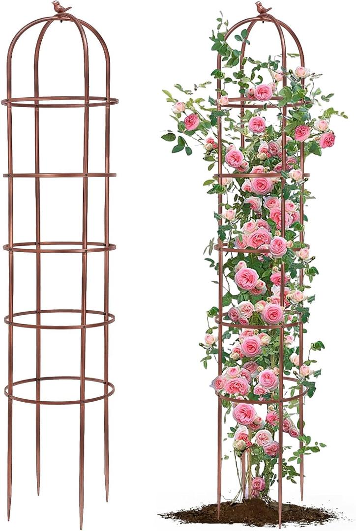 1 Pack 7Ft Heavy Duty Metal Garden Obelisk Trellis for Climbing Plants, Rust-Resistant Steel Vine Support Bird Finial for Rose Clematis, Potted Flowers Stand Indoor Outdoor Decor (Rose Gold)