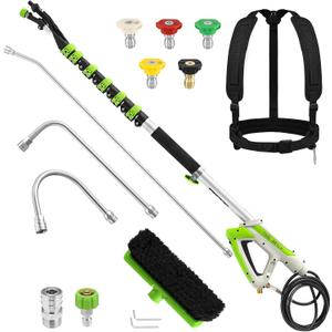 Tool Daily 21FT Telescoping Pressure Washer Wand with Brush, Power Washer Extension Wand, Aluminum Telescopic Gutter Cleaner with 3 Curved Rods, 5 Sprayer Nozzle Tips and Adjustable Belt, 4000 PSI