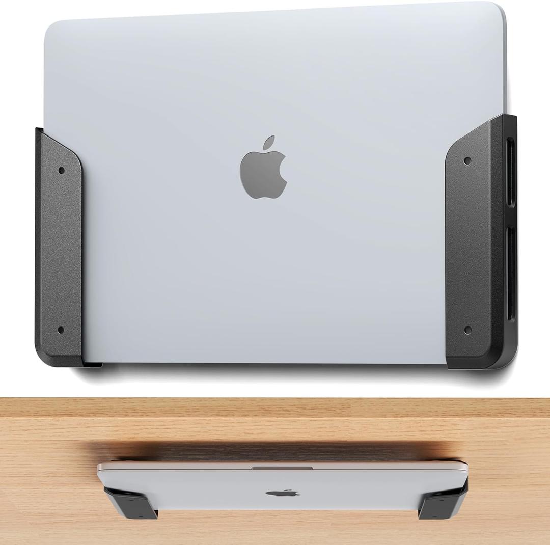 ELETIUO Wall & Under Desk Laptop Mount Holder with Adhesive & Screws in,1.02"/ 26 mm Thick,Anti-Scratch Pads,Universal for MacBooks,Surface,Keyboards,Tablets,Switch &More (Black)
