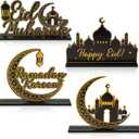 WATINC 2 Pcs Ramadan Wooden Centerpieces Decorations, Eid Mubarak Table Topper Decor, Happy Ramadan Kareem Wood Tiered Tray Signs, Al-Fitr White Gold Detachable Tabletop Party Supplies for Home Kitchen