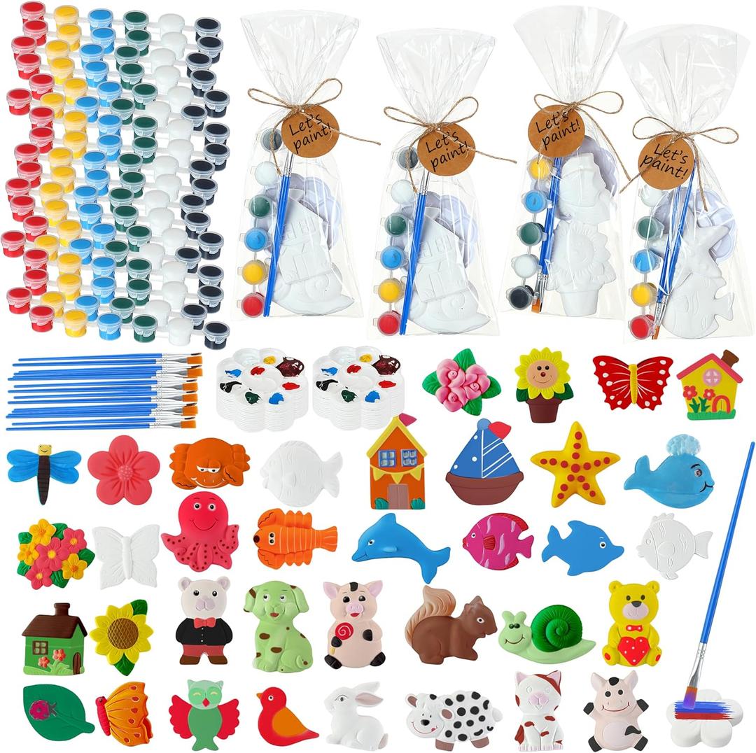 HyDren 202 Pcs Arts and Crafts Painting Kit for Kids Plaster Paint Your Own Figurines Ceramic Painting Kit Marine Animals Flowers Plants DIY Ceramic Figurines to Paint for Boys Girls Toddlers Gifts