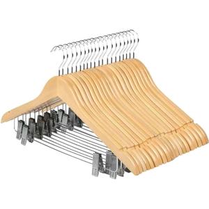 20 Pack Wooden Hangers with Clips High-Grade Wooden Suit Hangers Skirt Hangers with Clips S Wood Hanger with Durable Metal Clips for Blouse, Dress, Coat, Jacket (Natural,20)