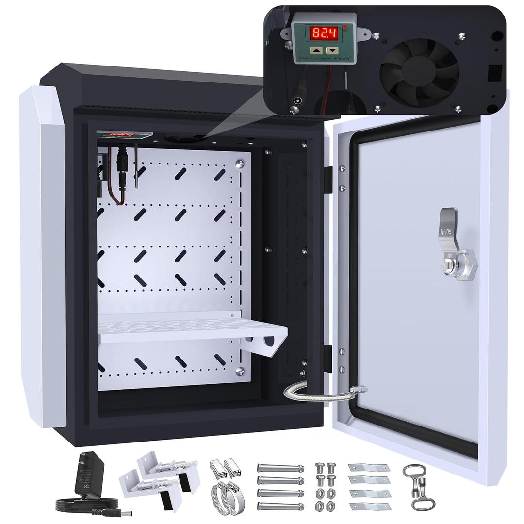 Outdoor Electrical Box with Thermostat and Fan, Precise Temperature Control 0.1F, IP65 Water Resistant Rating, Galvanized Steel, Aluminum Rear Beam(15.7"x12.6"x9.6")