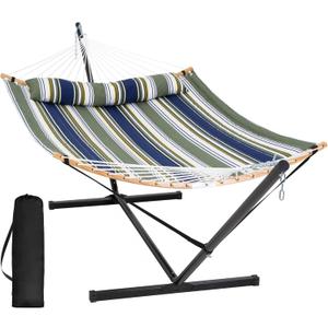 SUNCREAT Hammocks for Outside with Stand Included, Double Hammock with Curved Spreader Bar, Carrying Bag, Dark Green Stripes