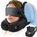 Travel Pillow for Long Flight Airplanes, Head Strap with Soft Eye Mask for Sleep, Memory Foam Travel Neck Pillow for Car Trip Essential, 360 Headrest Support to Stop Bobblehead, EVA Travel Case, Grey