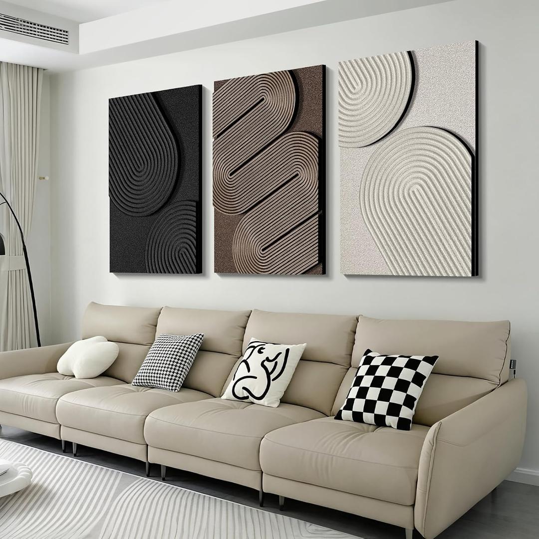 3D Boho Textured Wall Art, Modern Neutral Black Brown 3 Piece Set, 20x30 In