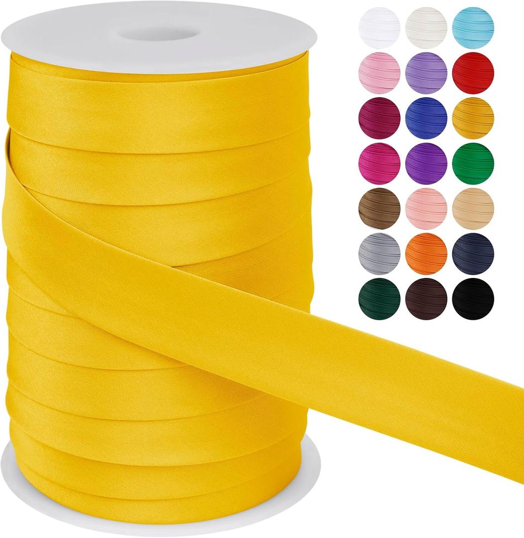 LEREATI Satin Bias Tape Double Fold 1 Inch x 55 Yards, Bias Tape for Sewing, Polyester Quilt Binding Tape, Piping Trim Fabric Tape for Hemming, Seaming, DIY Crafts (Light Yellow)
