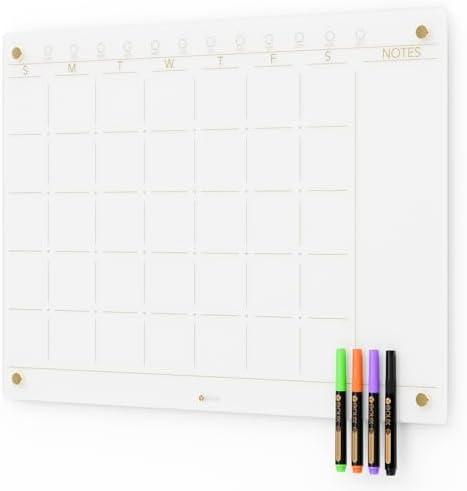 Glass Golden Monthly Dry Erase Calendar Whiteboard for Wall, 17" x 23", Frameless Large Monthly Planner Menu White Board for Home Kitchen, Office, 4 Wet Erase Markers Included, Yeoux