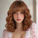 Lativ Auburn Wig with Bangs Short Bob Wigs With Dark Roots for Women Shoulder Length Ginger Wavy Curly Wigs Synthetic Fiber Wigs 14 Inches for Daily Party Use