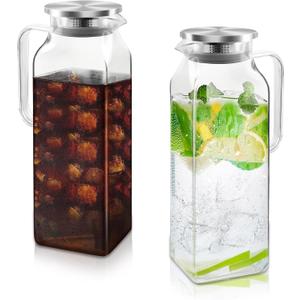 68 oz Borosilicate Square Glass Pitcher with Lid and Spout, Heat Resistant -4F to 302F, Lightweight Water Pitchers, Water Jugs, Glass Carafe with Handle, Ideal for Fridge Storage(2Pack)