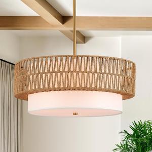 19" Rattan Chandelier 3-Light Vintage Farmhouse Hand-Woven Boho Hanging Light Fixture Modern Drum Wicker Rattan Gold Chandelier with Fabric Shade for Dining Room, Kitchen, Living Room