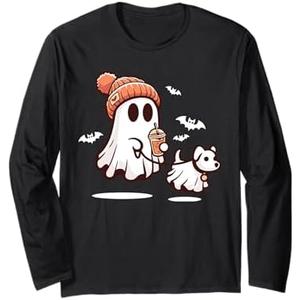 Retro Funny Ghost Walking Dog Spooky Season Halloween Long Sleeve T-Shirt L