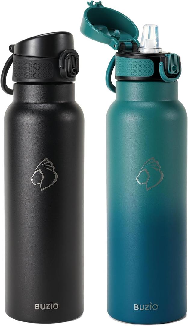 2PCS BUZIO 24oz Stainless Steel Water Bottle with Straw Lid, Vacuum Insulated Thermo Flask for Drinking Teens Double Wall Leakproof Travel Tumbler Mug for School, Cold for 48 Hrs (Black+Blue)