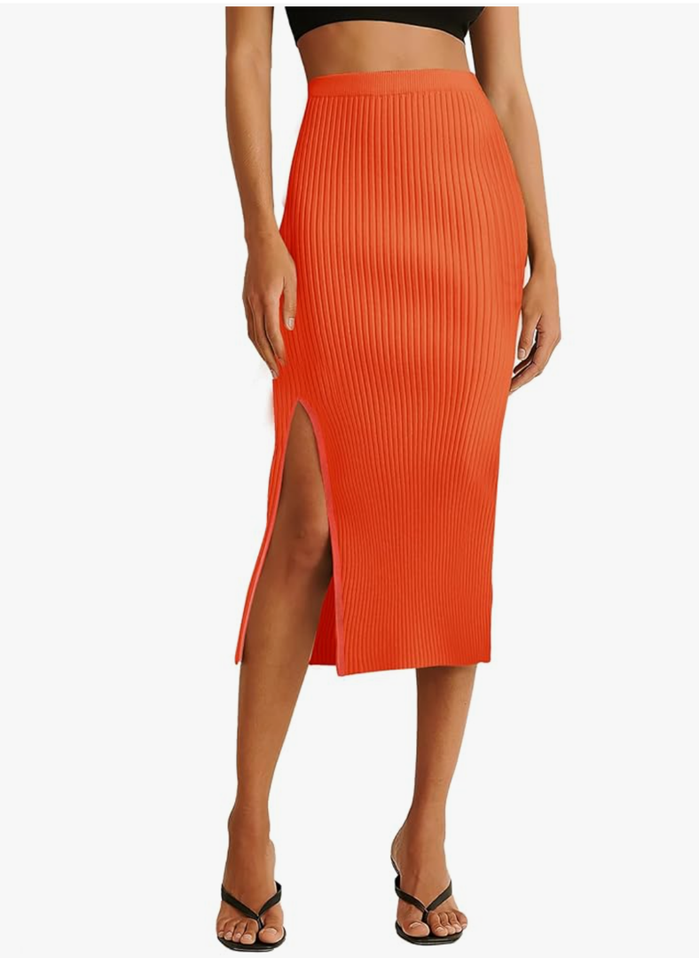 v28 Women Side Split Midi High Waisted Stretchy Ribbed Bodycon Casual Knit Pencil Skirt, S