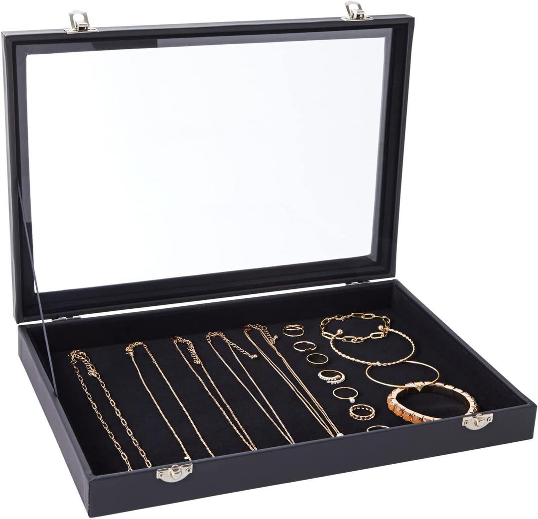 Juvale Black Velvet Jewelry Display Case Tray - 13.75 x 9.5 x 2 In - Glass Top Jewelry Box & Organizer