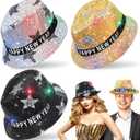 3 Pack Happy New Years Hats Sequin LED Light Up Top Hats New Years Eve Party Supplies 2026, Black Gold Sliver Party Hats New Years Accessories for Women Men Adult Photo Props Birthday New Years Party