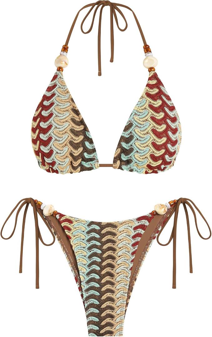 ZAFUL Women's Bikini Sets Beads Triangle Swimsuits 2 Piece String High Cut Cheeky Bathing Suits S