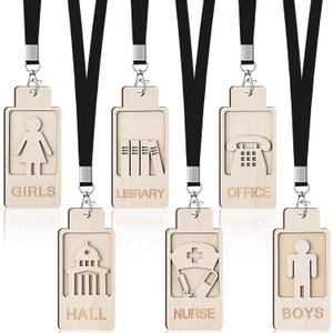 Sabary 6 Sets Hall Pass Lanyards and School Passes Wooden Bathroom Passes for Classrooms Back to School Gift Hall Nurse Library Office Teacher Supplies (Wood Color)