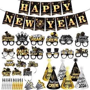 Happy New Year Party Supplies 2026, 49pcs New Years Party Favors Set Includes New Years Paper Hats, Headband, Eyeglasses, Blowouts, Banner for New Year's Eve Party