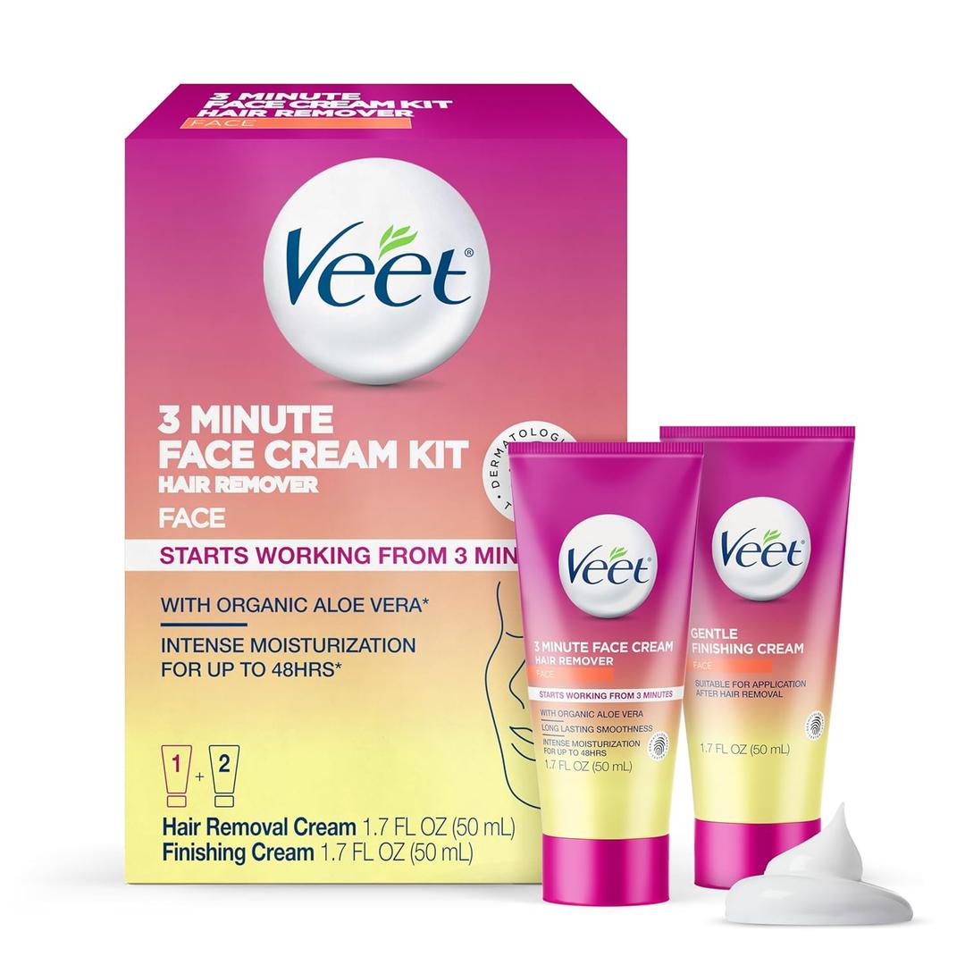 Veet 3 Minute Facial Hair Removal Cream for Women, Depilatory Cream with Organic Aloe Vera, 2 Piece Women's Facial Hair Remover Kit, 1.7 Fl Oz Hair Removal Cream + 1.7 Fl Oz Finishing Cream