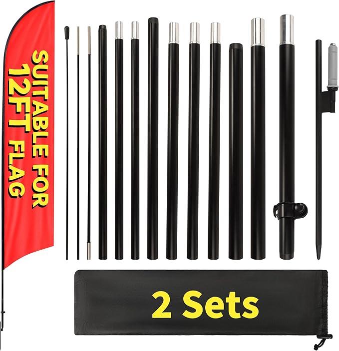 2 Sets 12FT Heavy Duty Feather Flag Pole Kit for 10FT Swooper Flags, Portable Reinforced Aluminum Banner Pole with Rotating Ground Stake, Ideal for Outdoor Advertising, Storefronts (12FT, 2 Sets)