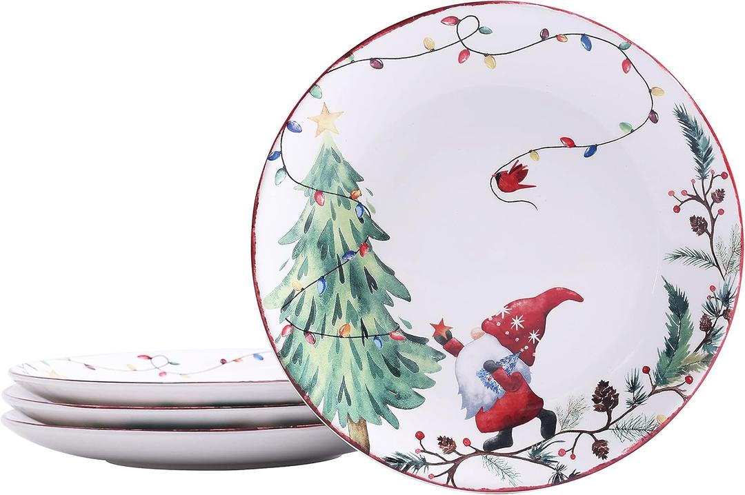 Bico Christmas Gnomes Salad Plates Set of 4, 8.75 Inch Ceramic Dessert Plates for Salad, Appetizer, Side Dishes, Microwave and Dishwasher Safe, Gift for Housewarming and Christmas
