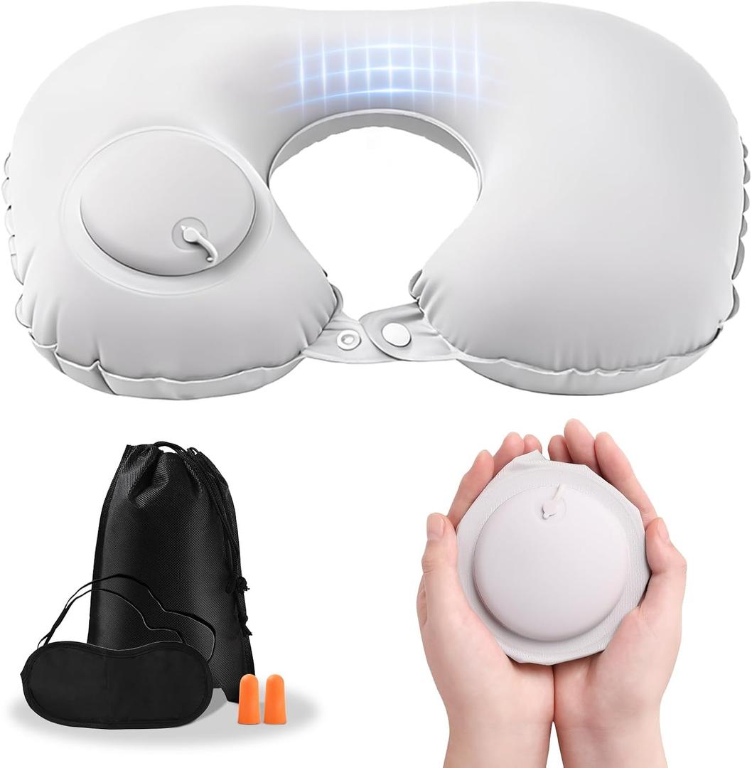 Inflatable Travel Neck Pillow - Portable Airplane Pillow for Flights, Adjustable Neck Support for Cars & Trains (Grey)