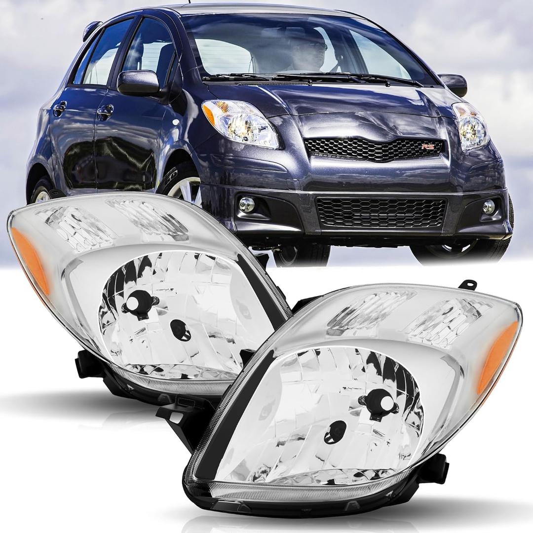 Headlights Assembly Pair for 2007 2008 Toyota Yaris Hatchback Headlamps Head Lights Replacement Driver and Passenger Side,Chrome Housing Amber Reflector