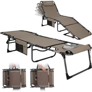 KingCamp Tanning Chair with Face Hole, Lounge Chairs Outdoor Folding Portable Comfy Adjustable 5-Position Lay Flat Foldable Chaise Chaser Lounger for Outside Beach Patio Sun Bathing Pool, Beige