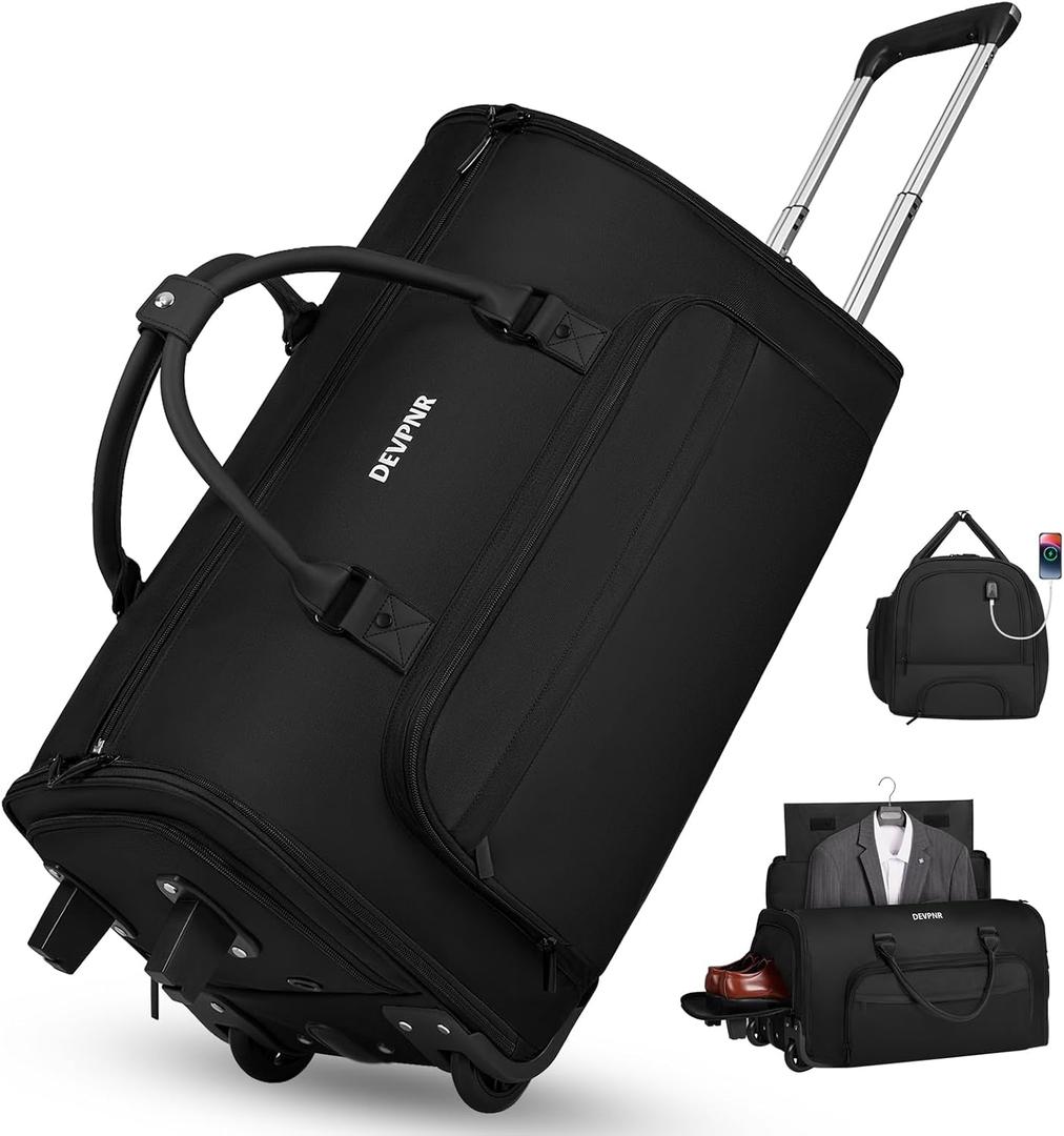 DEVPNR Rolling Garment Bags for Travel, 59L Rolling Duffle Bag with Wheels and Shoe Compartment for Men and Women, 3 in 1 Carry on Convertible Travel Garment Bag with Wheels, Black