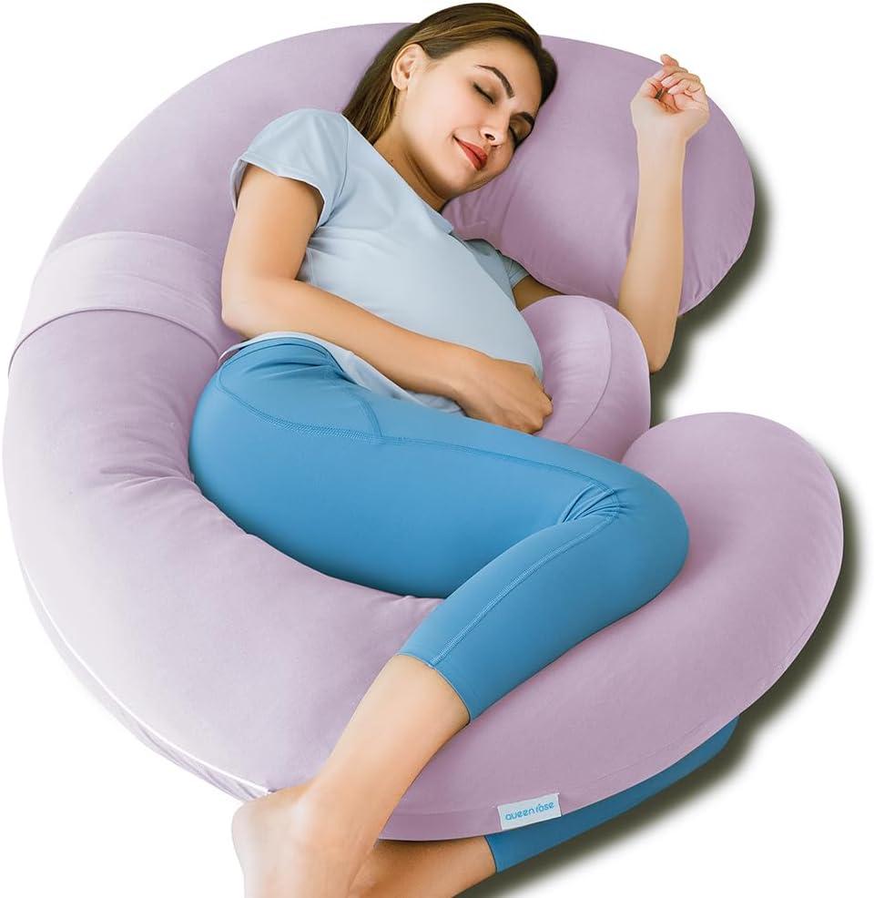 QUEEN ROSE Cooling Pregnancy Pillow, Maternity Body Pillow, Wedge, Purple | E shaped pregnancy pillow for sleeping with detachable wedge support, made for pregnant women and side sleepers
