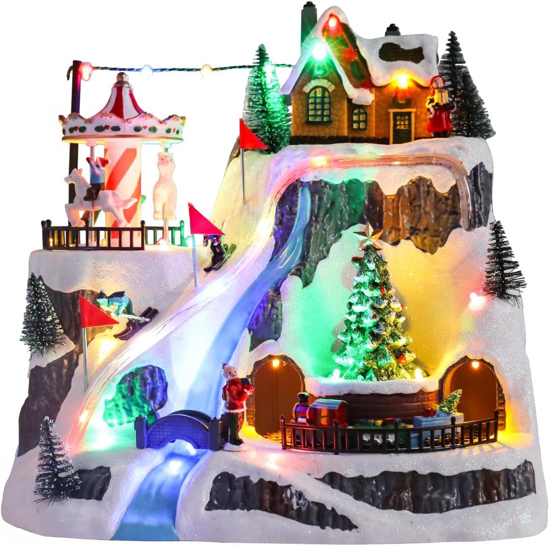 WONDER GARDEN Christmas Village Houses-Christmas Houses Village - Lighted Musical Ski Resort Collectible Buildings with Moving Train, Rotating Tree and Carousel for Indoor Decor or Gift