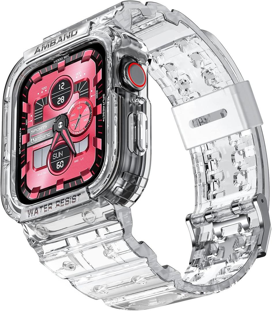 amBand Compatible for Apple Watch Band 45mm 44mm 42mm with Bumper Case, Crystal Cute Women Strap for iWatch SE/SE 2nd Series 9 8 7 6 5 4 3 2, Sport Transparent Jelly Protective Cases Protector, Clear