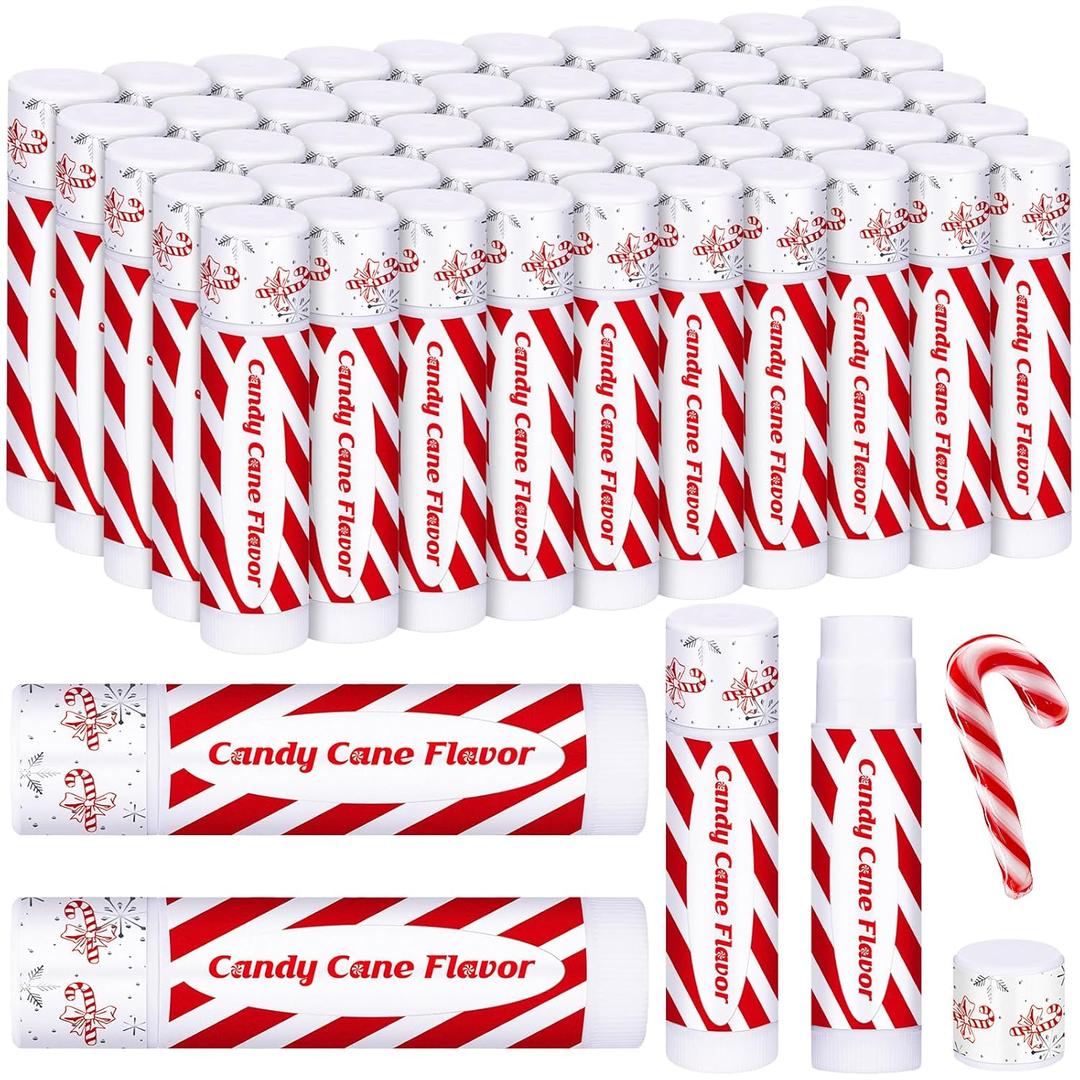 50 Pack Christmas Lip Balms Bulk Christmas Candy Peppermint Cane Scented Holiday Flavor Lip Balm Gifts Xmas Party Gifts Bulk Xmas Items Stocking Stuffers for Women Men Staff Employee (Candy)