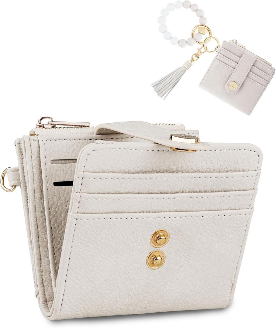 Small Wristlet Wallets for Women Keychain Wristlet Wallet RFID Blocking Key Chain Wallet With Zipper Coin Pocket, 2 Id Window (Beige)