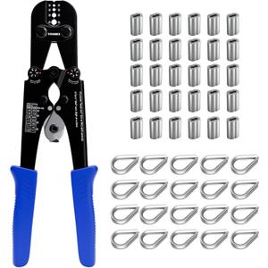 Wire Rope Crimping Tool Kit, Built-in Cutter Swaging Tool, Crimping Loop sleeve from 3/64-inch to 1/8-inch, for Aluminum Oval Sleeves, Double Sleeve