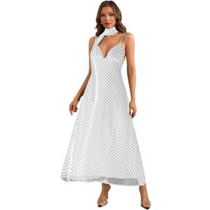 Women's Polka Dots Tie Backless Spaghetti Strap Maxi Dresses | Deep V Neck, Scarf, Vacation, Summer, Party, Flowy (White, L)