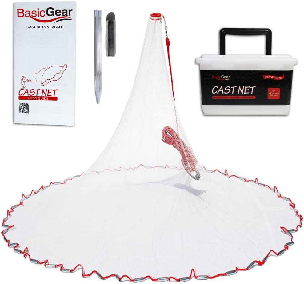 BasicGear Cast Net | 3ft-12ft Radius, 3/8 or 1/4 inch Mesh for Freshwater and Saltwater Bait Fish| Professional Grade and Upgraded Material | Throw Style