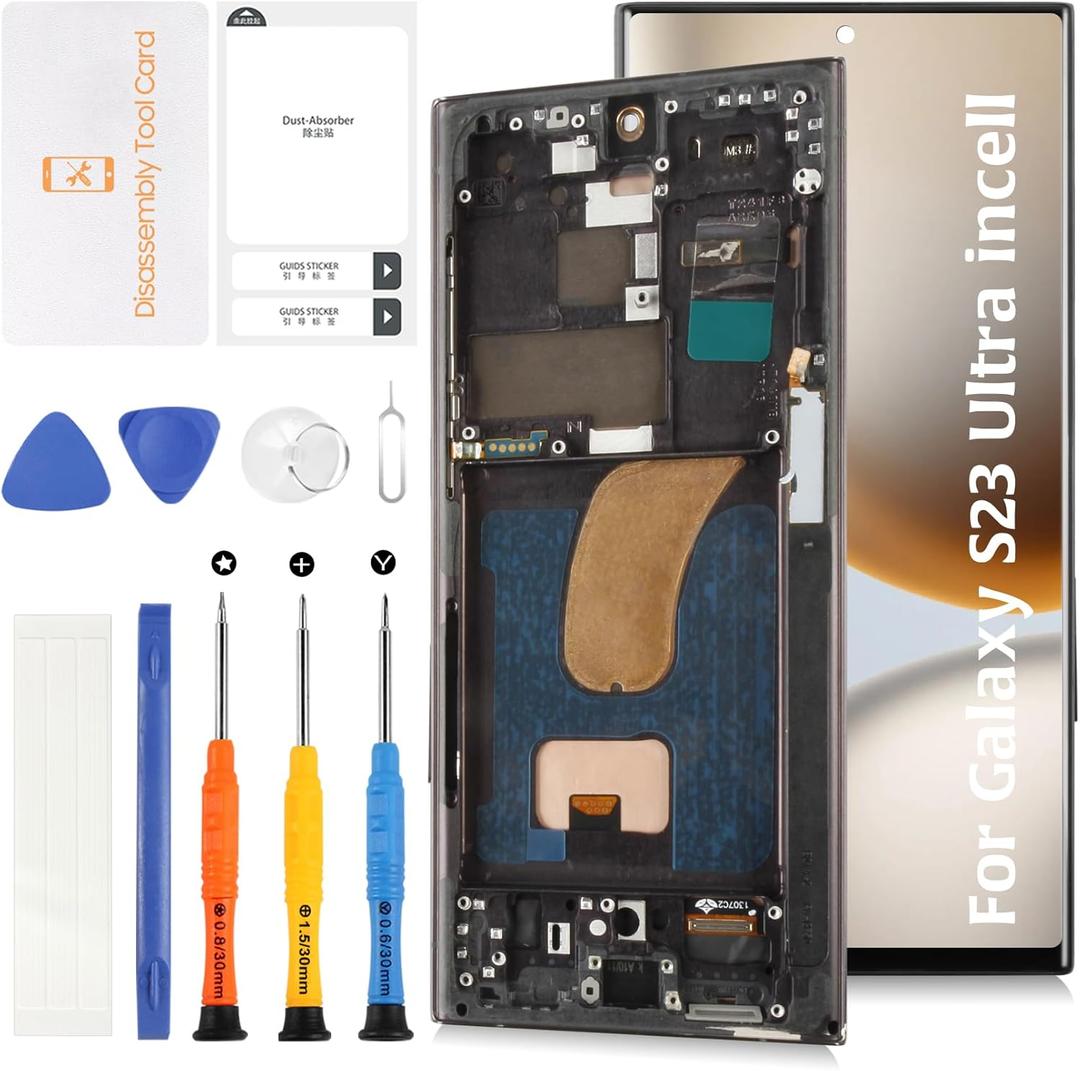 InCell S23 Ultra Display Screen Replacement (No Fingerprint Function) with Phantom Black Frame for Samsung Galaxy S23 Ultra SM-S918B/U/U1/W LCD Screen Touch Digitizer Assembly