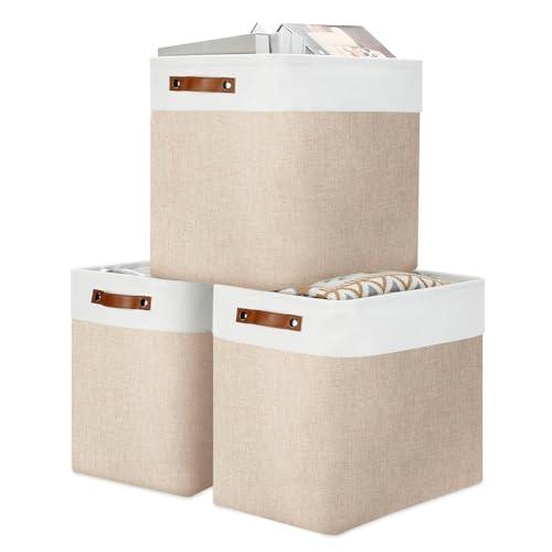 DULLEMELO Large Storage Baskets for Organizing, Canvas Storage Bins Big Baskets With Handles for Shelf Clothes Empty Gift Basket (White&Khaki)
