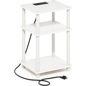 Furinno Just 3-Tier Turn-N-Tube Open Storage Side Table, End Table with USB and Type-C Charging Station, White/White